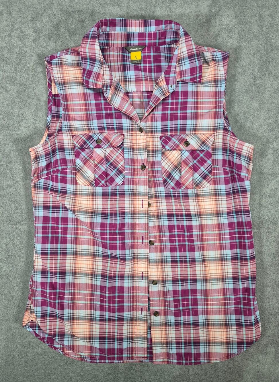 Eddie Bauer Sleeveless Plaid Button Front Shirt Women’s Size S Pink Blue